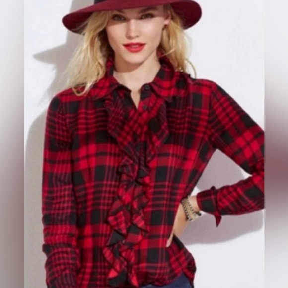 CAbi Tops - CAbi #3335 Lodge Ruffle Red Black Plaid Button-Down Shirt Medium